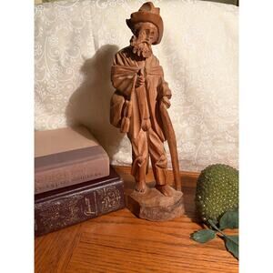 Vintage Hand-Carved Wood Wanderer Figurine - Rustic Folk Art Old Man